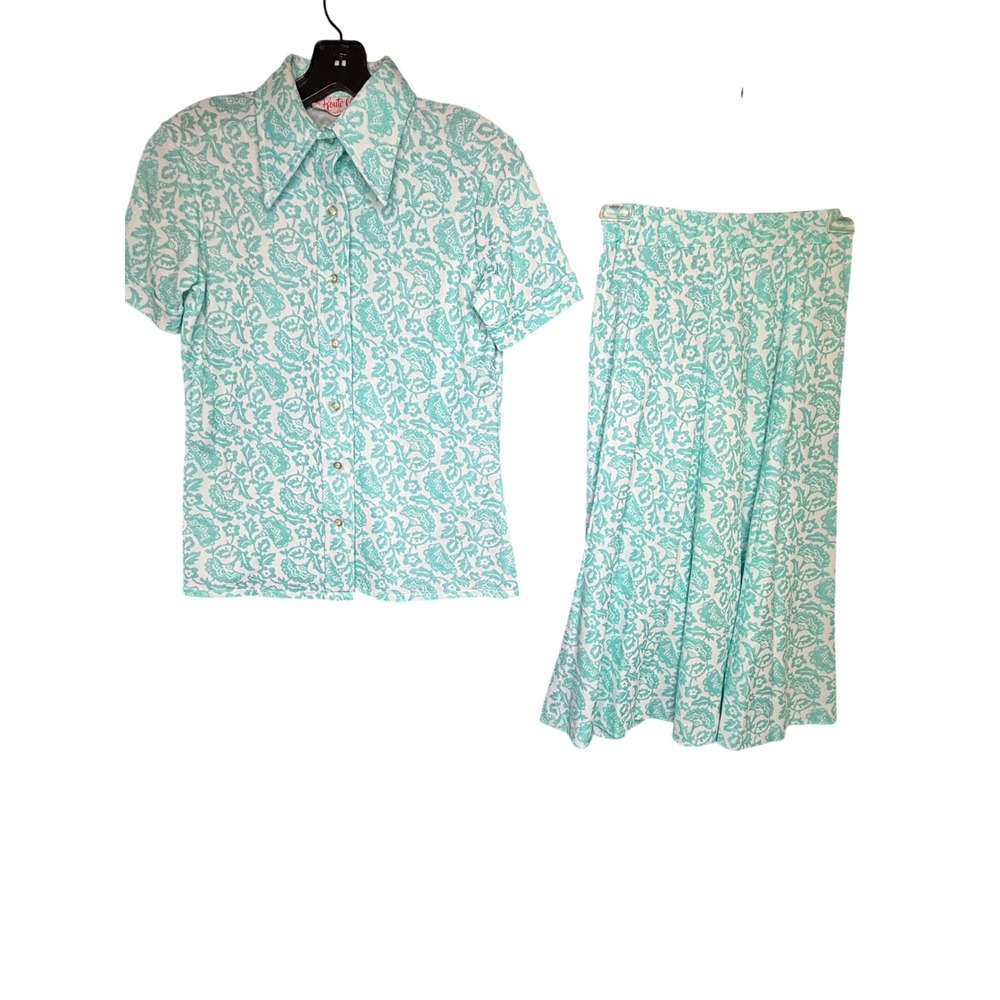 70s Route One Vintage Turquoise Paisley Floral 2 Piece Shirt Skirt Set Womens S